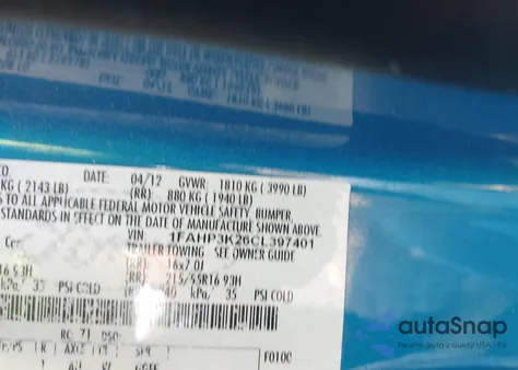 2012 Ford Focus Se z USA, uszkodzony, nr VIN 1FAHP3K26CL397401